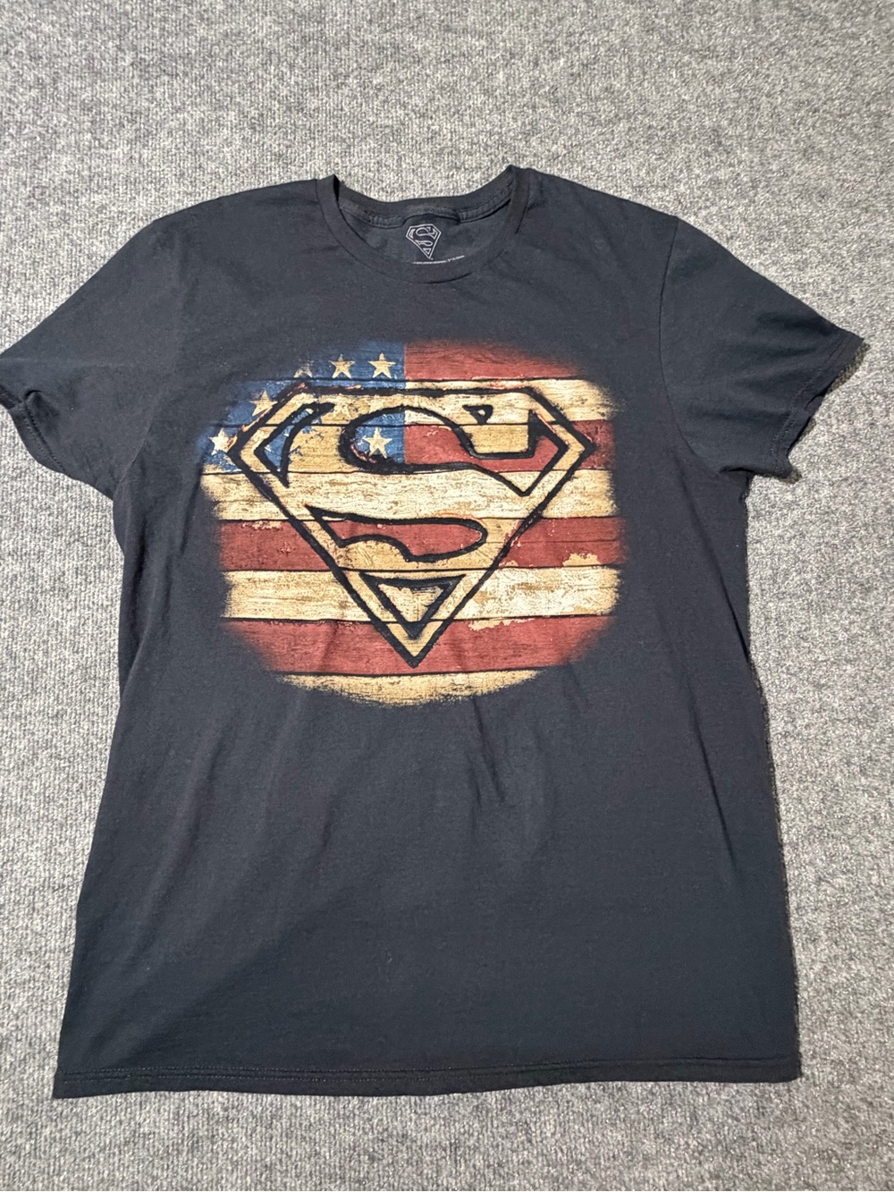 DC Comics Black Tee with Distressed Red, White & Blue Superman Emblem